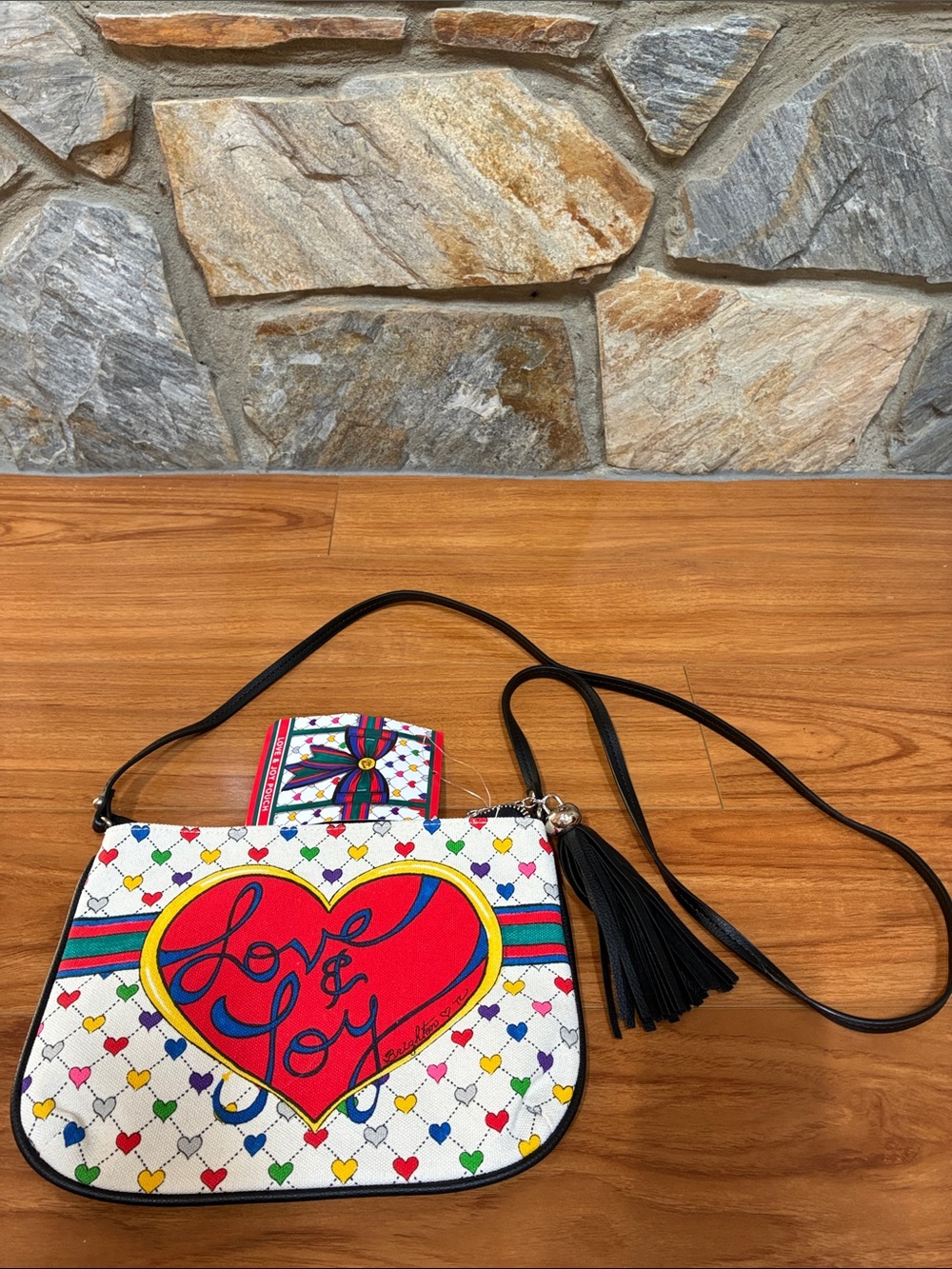 Brighton White Multi Heart Print Crossbody with Black Strap